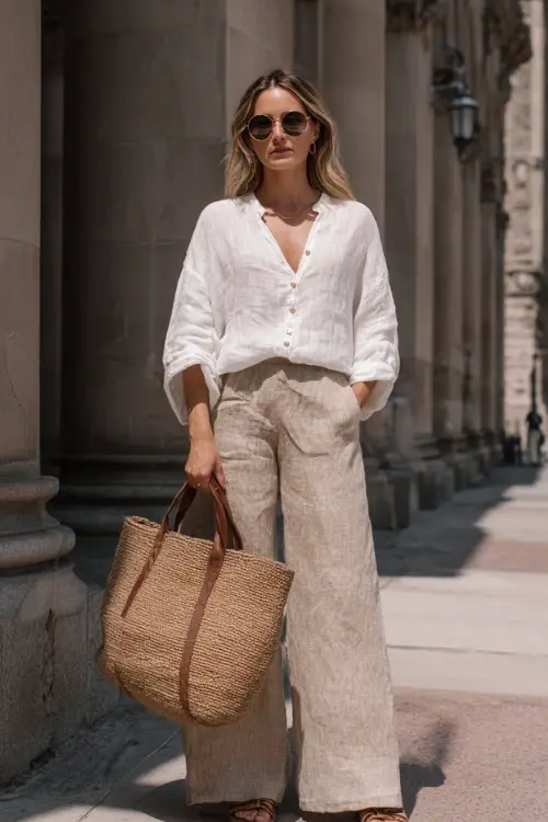 A woman in her 30s wears a relaxed boho spring look featuring a loose linen blouse tucked into wide-leg pants, espadrille wedges, and a woven tote bag