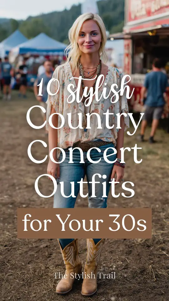A woman in her 30s wears a relaxed country concert outfit with a flowy blouse tucked into light-wash jeans, tan cowboy boots, and layered necklaces