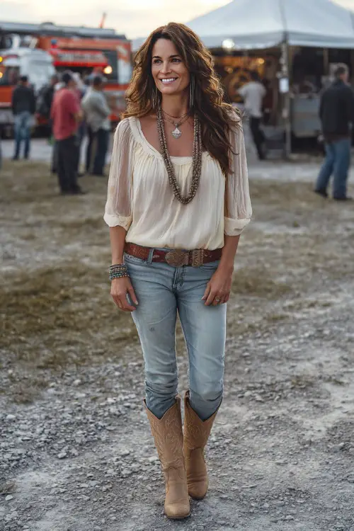 A woman in her 30s wears a relaxed country concert outfit with a flowy blouse tucked into light-wash jeans, tan cowboy boots, and layered necklaces 