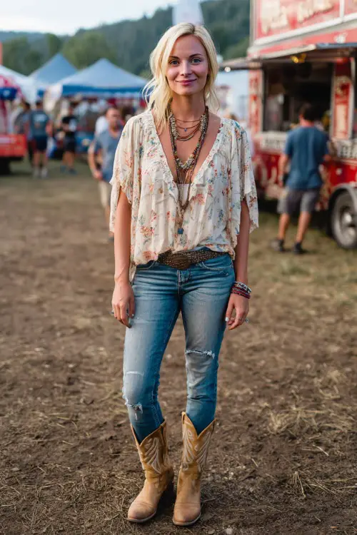 A woman in her 30s wears a relaxed country concert outfit with a flowy blouse tucked into light-wash jeans, tan cowboy boots, and layered necklaces