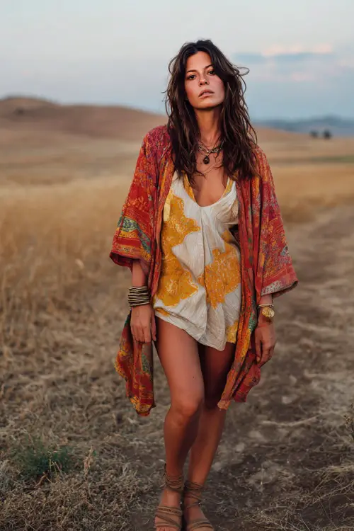 A woman in her 30s wears a relaxed hippie boho look with a loose kimono layered over a simple dress, flat sandals, and stacked bangles, styled in a sun-drenched open field