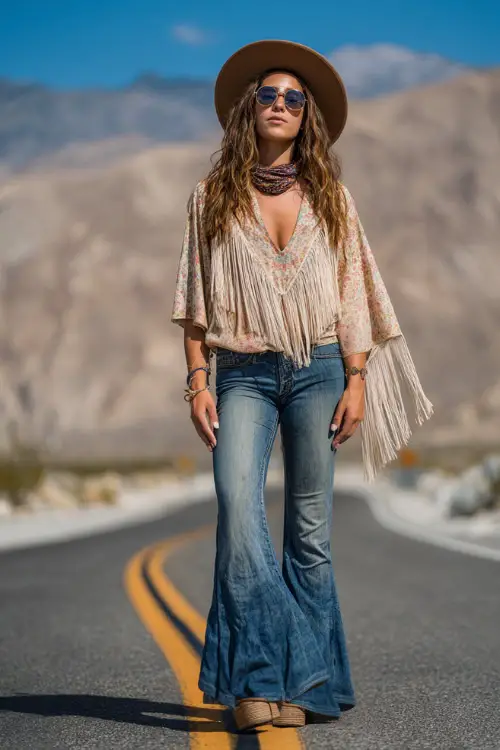 A woman in her 30s wears a relaxed hippie boho look with a loose peasant blouse, flared jeans, platform sandals, and fringe accessories, styled in a desert road background 