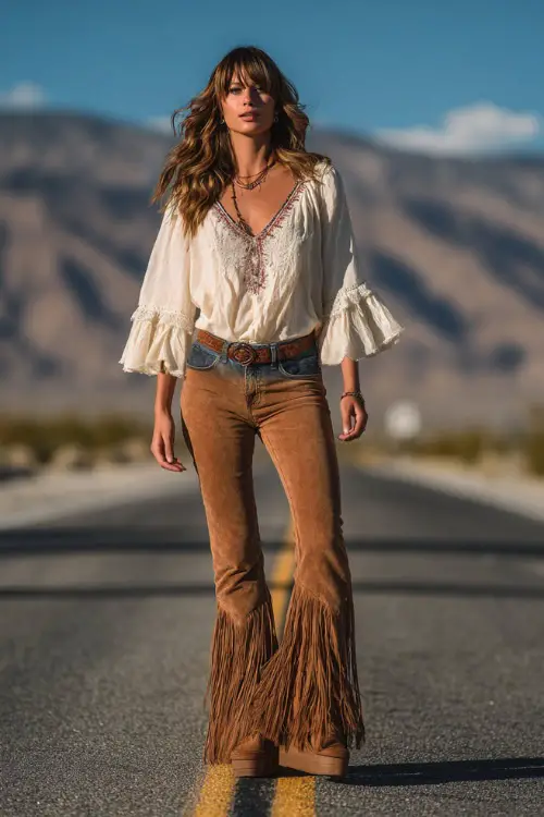 A woman in her 30s wears a relaxed hippie boho look with a loose peasant blouse, flared jeans, platform sandals, and fringe accessories, styled in a desert road background