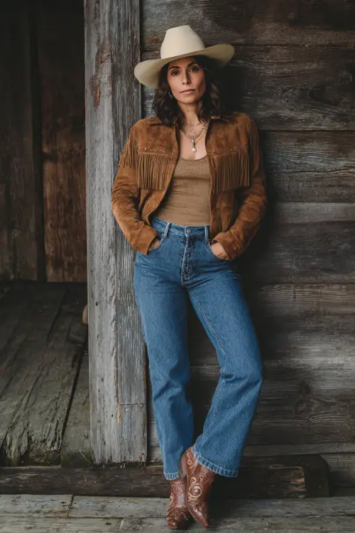 A woman in her 30s wears a trendy western concert look featuring a fringe suede jacket over a fitted top, straight-leg denim jeans, and tall cowboy boots