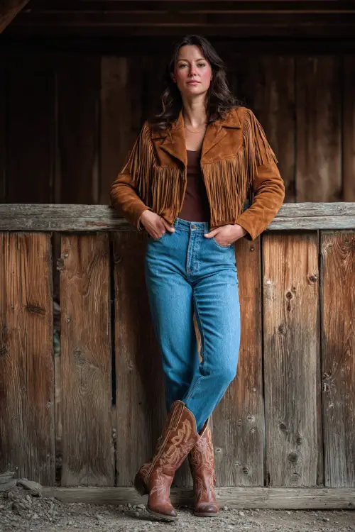 A woman in her 30s wears a trendy western concert look featuring a fringe suede jacket over a fitted top, straight-leg denim jeans, and tall cowboy boots 