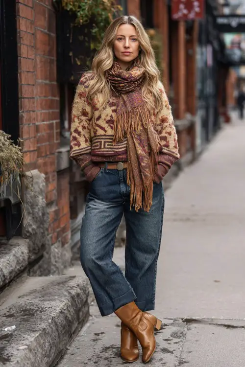A woman in her 30s wears a winter boho look featuring a patterned knit sweater, high-waisted straight-leg jeans, ankle boots, and a fringed scarf 