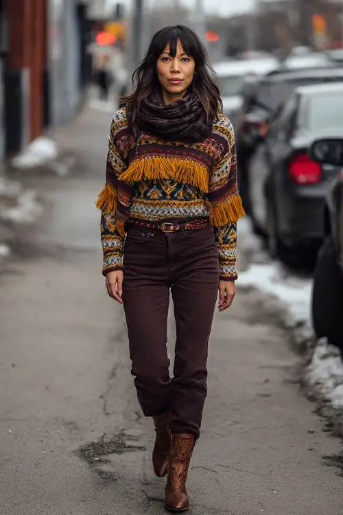 A woman in her 30s wears a winter boho look featuring a patterned knit sweater, high-waisted straight-leg jeans, ankle boots, and a fringed scarf