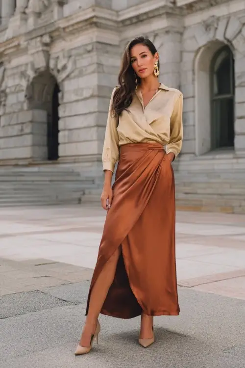 A woman in her 30s wears an elevated boho look featuring a satin maxi skirt, a draped silk blouse, pointed-toe heels, and statement earrings, styled in a sophisticated city backdrop 