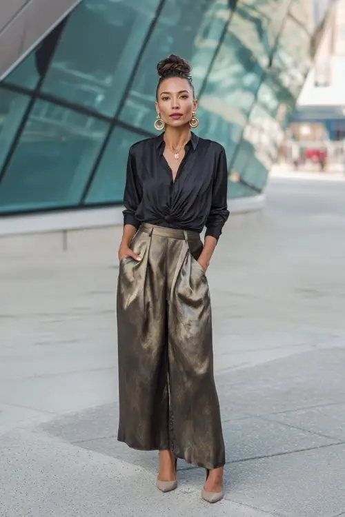 A woman in her 30s wears an elevated boho look featuring a satin maxi skirt, a draped silk blouse, pointed-toe heels, and statement earrings, styled in a sophisticated city backdrop