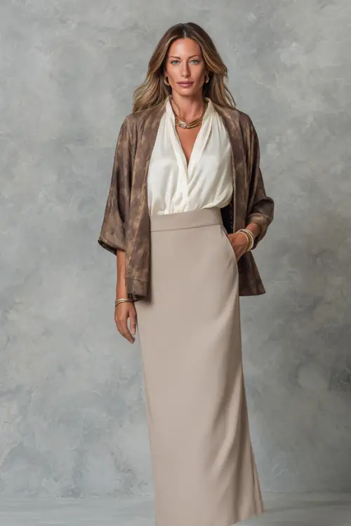 A woman in her 40s wears a sophisticated boho-inspired office look with a neutral maxi skirt styled in a tailored silhouette, a crisp blouse, a soft shawl-style jacket 
