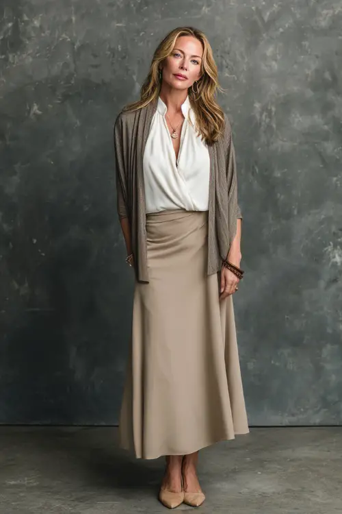 A woman in her 40s wears a sophisticated boho-inspired office look with a neutral maxi skirt styled in a tailored silhouette, a crisp blouse, a soft shawl-style jacket