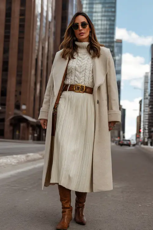 A woman in her 40s wears a sophisticated boho winter look featuring a cable-knit sweater tucked into a pleated midi skirt, a long tailored coat, and leather ankle boots 