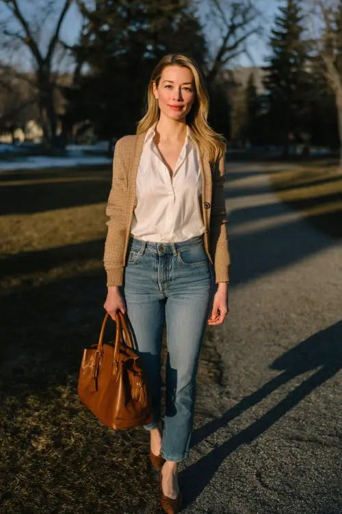 A woman in straight blue jeans paired with a tailored cardigan, crisp blouse, leather ballet flats, and a top-handle handbag, walking through a quiet winter park with bare trees