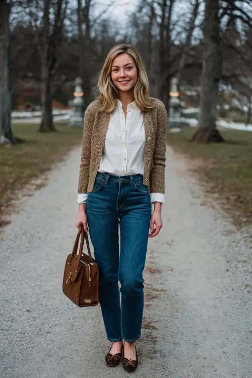 A woman in straight blue jeans paired with a tailored cardigan, crisp blouse, leather ballet flats, and a top-handle handbag, walking through a quiet winter park with bare trees
