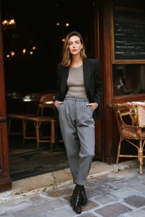 A woman in straight-leg trousers paired with a fine knit top, structured wool blazer, and polished leather ankle boots, standing outside a traditional café during winter