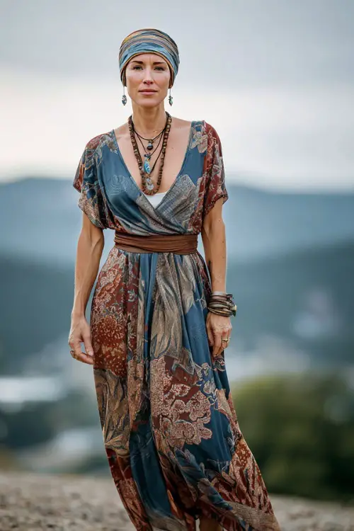 A woman over 30 wears a laid-back hippie boho outfit with a flowy patterned maxi dress, leather sandals, layered jewelry, and a headscarf