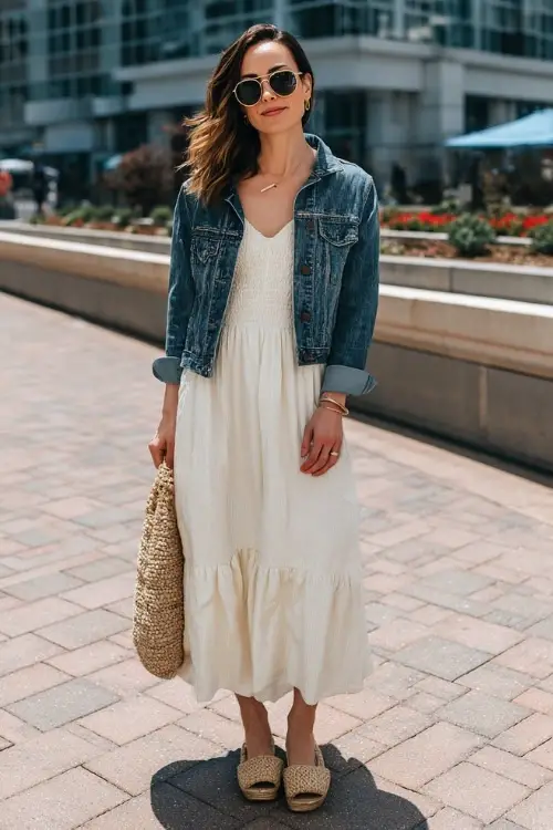 A woman over 30 wears a light boho spring outfit featuring a flowy midi dress, espadrille flats, a denim jacket, and minimal jewelry, styled in a sun-filled outdoor plaza