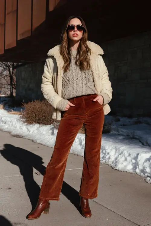 A woman over 30 wears a modern boho winter outfit featuring straight-leg corduroy pants, a knit sweater, a shearling-lined jacket, and ankle boots 