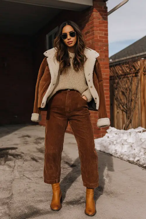 A woman over 30 wears a modern boho winter outfit featuring straight-leg corduroy pants, a knit sweater, a shearling-lined jacket, and ankle boots 