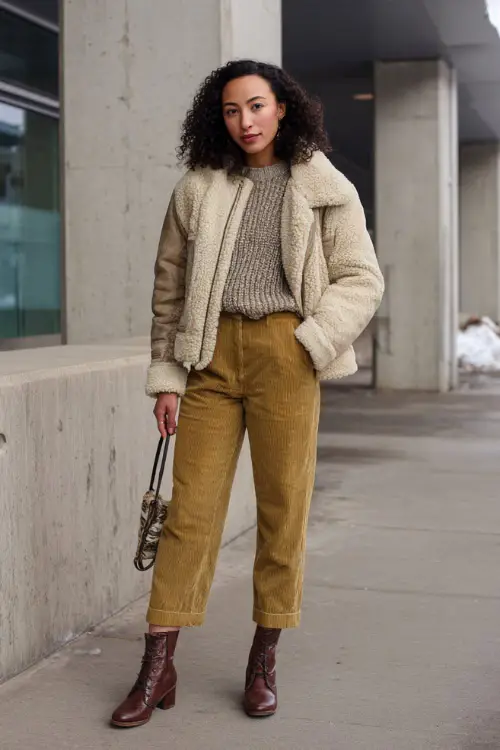 A woman over 30 wears a modern boho winter outfit featuring straight-leg corduroy pants, a knit sweater, a shearling-lined jacket, and ankle boots