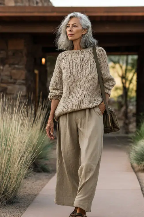 A woman over 30 wears an effortless boho casual look with a lightweight sweater, loose-fit pants, slide sandals, and a crossbody bag, styled in a neutral-toned outdoor setting