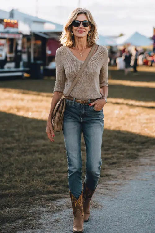 A woman over 50 wears a casual-chic western concert look featuring a breathable knit top, ankle-length jeans, western ankle boots, and a structured crossbody bag 