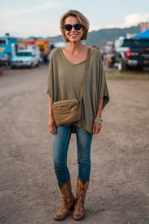 A woman over 40 wears a casual-chic western concert look featuring a breathable knit top, ankle-length jeans, western ankle boots, and a structured crossbody bag