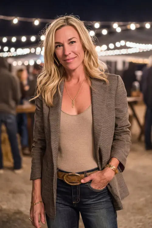 A woman over 50 wears a chic western concert look featuring a tailored blazer layered over a neutral knit top, dark-wash jeans, pointed-toe cowboy boots