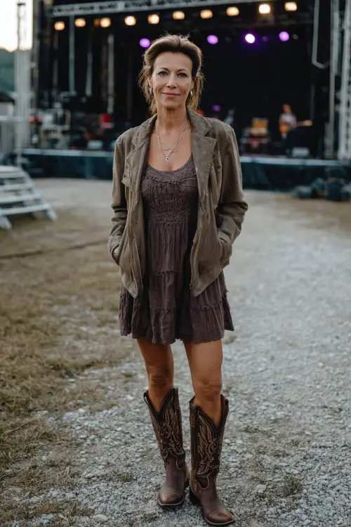 A woman over 50 wears a confident country concert outfit with a flowy knee-length dress layered with a structured jacket, classic cowboy boots, and minimal jewelry 
