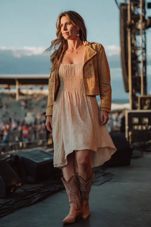 A woman over 40 wears a confident country concert outfit with a flowy knee-length dress layered with a structured jacket, classic cowboy boots, and minimal jewelry