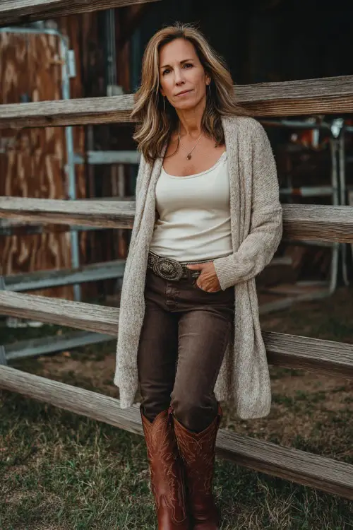 A woman over 50 wears a cozy yet stylish western concert look featuring a lightweight cardigan over a sleeveless top, straight-leg jeans, brown cowboy boots 