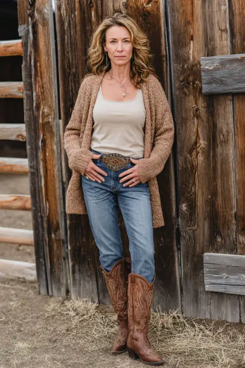 A woman over 40 wears a cozy yet stylish western concert look featuring a lightweight cardigan over a sleeveless top, straight-leg jeans, brown cowboy boots, and a western belt