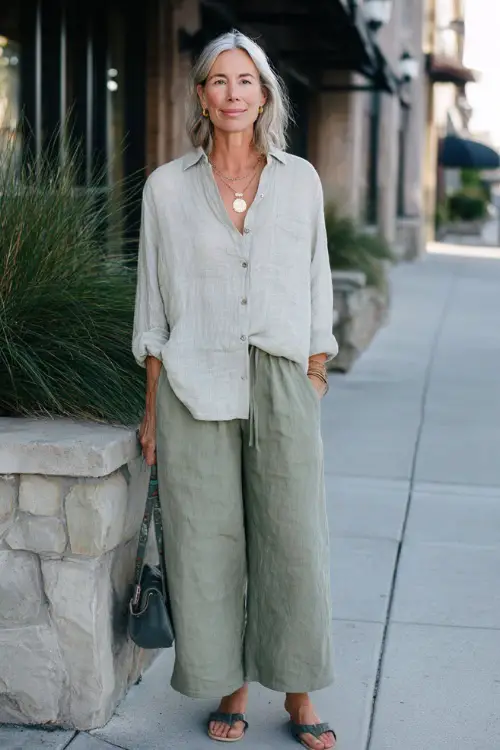 A woman over 40 wears a laid-back boho outfit with a soft button-up shirt worn slightly loose, relaxed trousers, low-heeled sandals, and delicate jewelry 