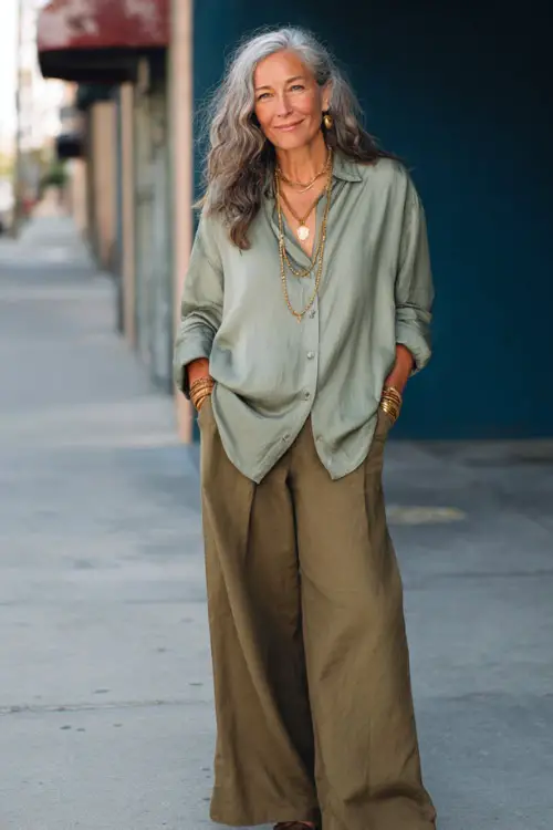 A woman over 40 wears a laid-back boho outfit with a soft button-up shirt worn slightly loose, relaxed trousers, low-heeled sandals, and delicate jewelry