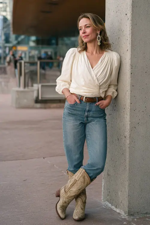 A woman over 50 wears a modern country concert outfit with a soft wrap blouse tucked into high-rise jeans, embroidered cowboy boots, and statement earrings (2)