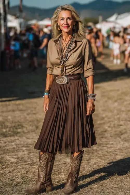 A woman over 50 wears a polished country concert outfit with a pleated midi skirt paired with a fitted blouse, tall cowboy boots, and layered necklaces 