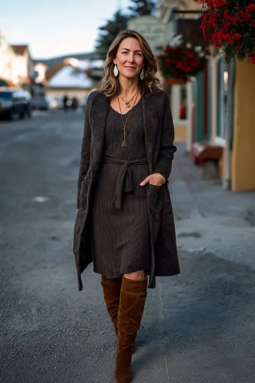 A woman over 40 wears a refined boho winter outfit with a midi knit dress, a belted wool coat, suede knee-high boots, and statement earrings