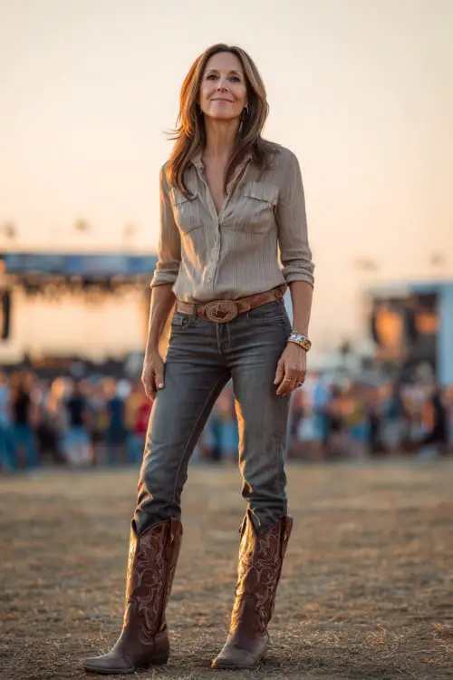 A woman over 50 wears a refined country concert outfit with a soft blouse tucked into straight-leg jeans, brown cowboy boots, and a leather belt 