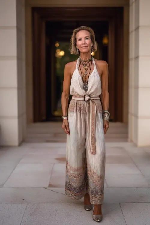 A woman over 40 wears a refined formal boho outfit with a belted maxi dress, subtle patterns, block-heel pumps, and layered necklaces, styled in a luxury architectural environment