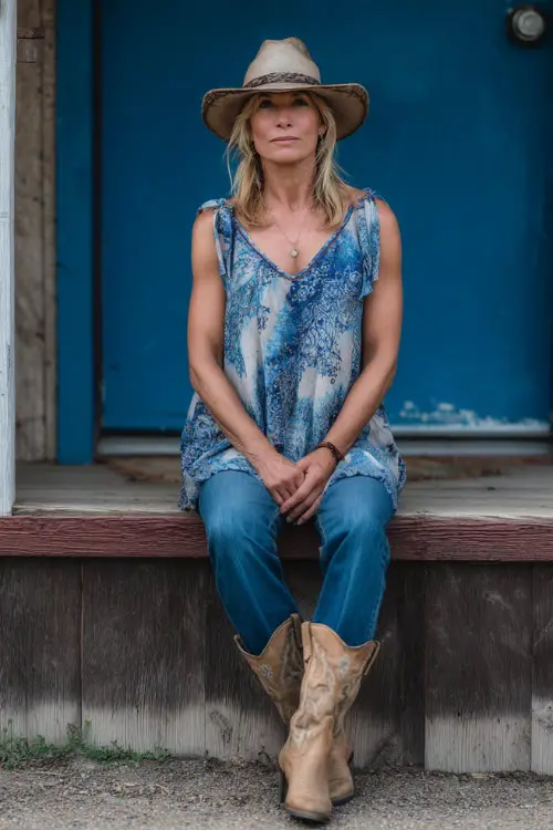 A woman over 40 wears a relaxed country concert outfit with a flowy tunic top paired with straight-leg denim jeans, tan cowboy boots, and a wide-brim felt hat