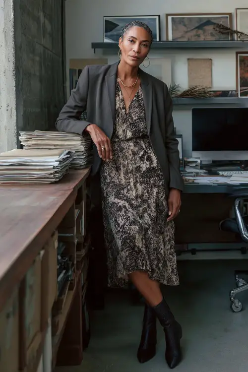 A woman over 40 wears a sophisticated boho office outfit with a midi dress layered under a structured blazer, finished with low-heeled ankle boots and minimal accessories