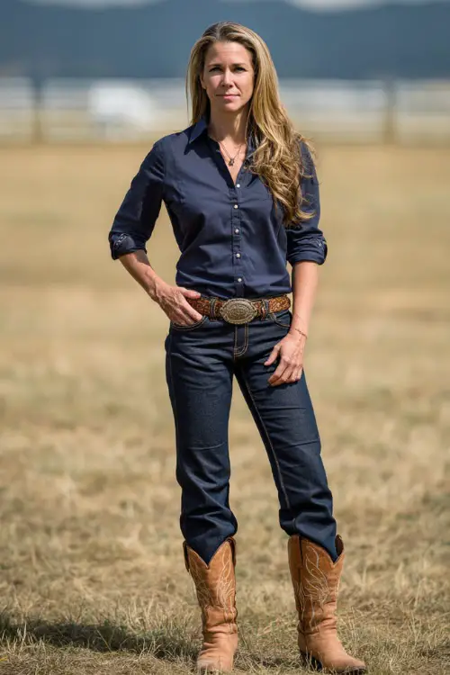 A woman over 50 wears a timeless western concert look featuring a button-down blouse tucked into dark straight-leg jeans, tan cowboy boots, and a statement belt
