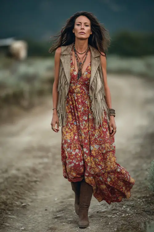 A woman over 40 wears a vintage-inspired hippie boho look with a long floral dress, a fringed vest, low-heeled boots, and layered necklaces, styled in a rustic outdoor location 
