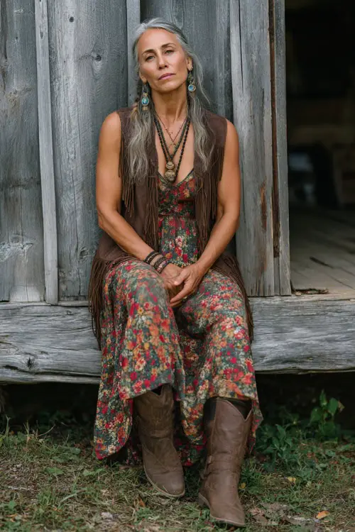 A woman over 40 wears a vintage-inspired hippie boho look with a long floral dress, a fringed vest, low-heeled boots, and layered necklaces, styled in a rustic outdoor location 