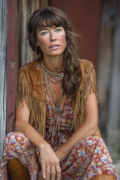 A woman over 40 wears a vintage-inspired hippie boho look with a long floral dress, a fringed vest, low-heeled boots, and layered necklaces, styled in a rustic outdoor location