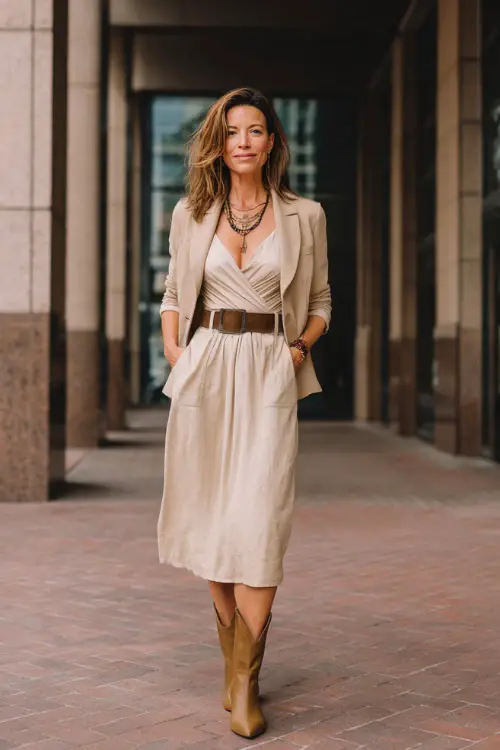 A woman over 40 wears an elegant chic boho outfit with a belted midi dress, a tailored blazer, sleek ankle boots, and layered necklaces