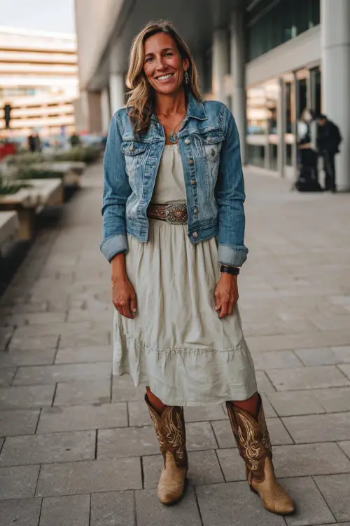 A woman over 50 wears an elegant western concert look featuring a midi dress cinched with a western belt, tall cowboy boots, and a lightweight denim jacket 