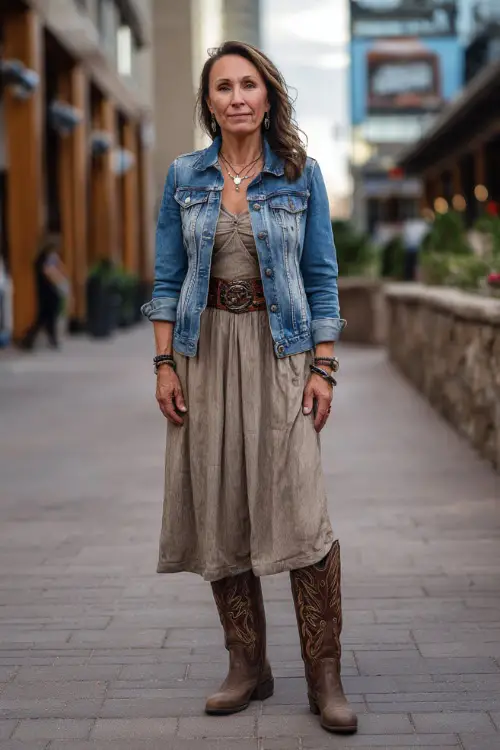 A woman over 40 wears an elegant western concert look featuring a midi dress cinched with a western belt, tall cowboy boots, and a lightweight denim jacket