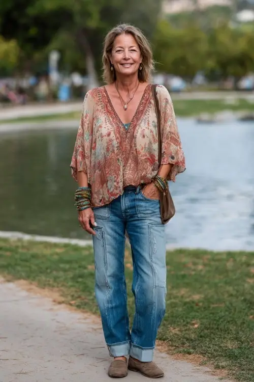 A woman over 50 wears a casual boho ensemble featuring a breezy tunic top, straight-leg jeans, comfortable loafers, and layered bracelets, styled in a sunny park setting