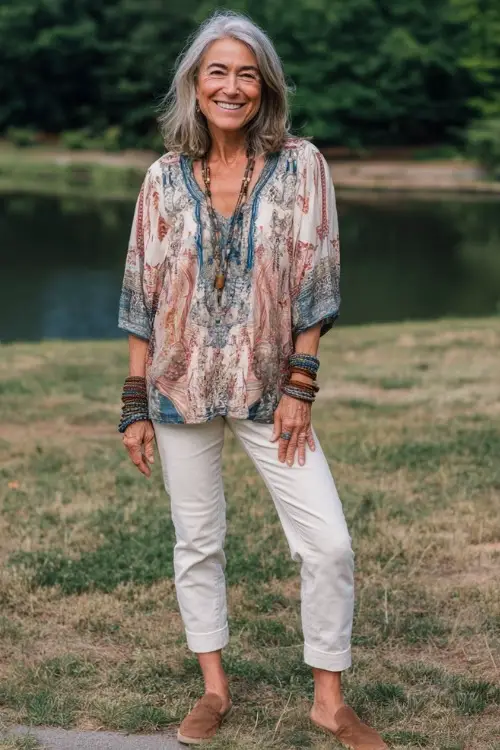 A woman over 50 wears a casual boho ensemble featuring a breezy tunic top, straight-leg jeans, comfortable loafers, and layered bracelets, styled in a sunny park setting